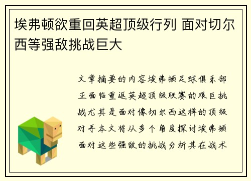 埃弗顿欲重回英超顶级行列 面对切尔西等强敌挑战巨大